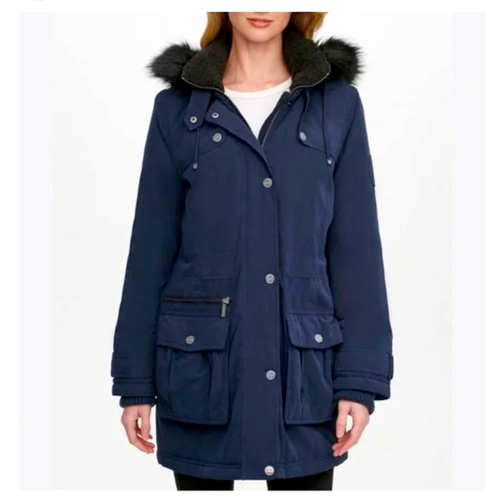 DKNY Faux-Fur Trim Hooded Water-Resistant Anorak Coat S